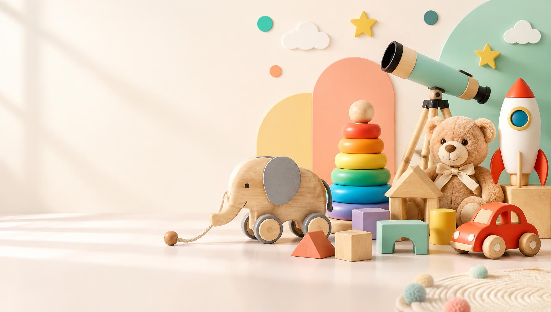 A wooden elephant pull toy, stacking rings, building blocks, a red toy car, a teddy bear, a telescope and a rocket toy in a pastel studio scene